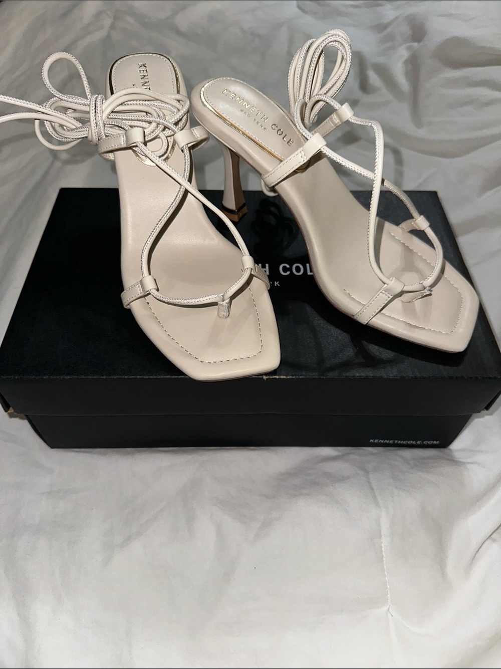 Kenneth Cole Belinda Ivory Lace-Up Square Toe Heeled Sandals